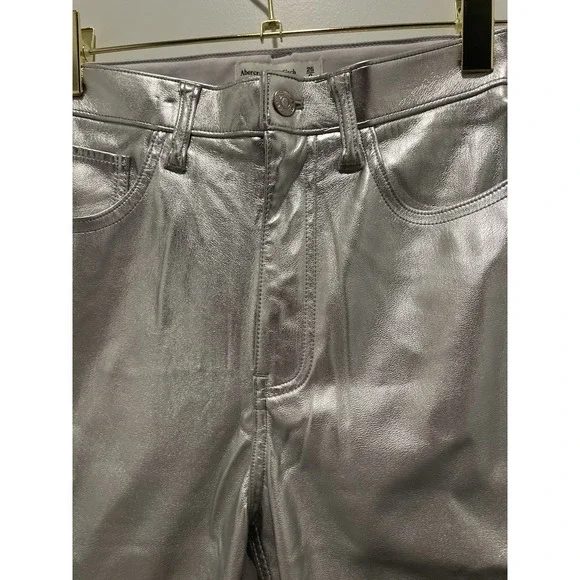 Abercrombie & Fitch Ultra High Rise 90s Straight Silver Vegan Leather Pants - Picture 5 of 9